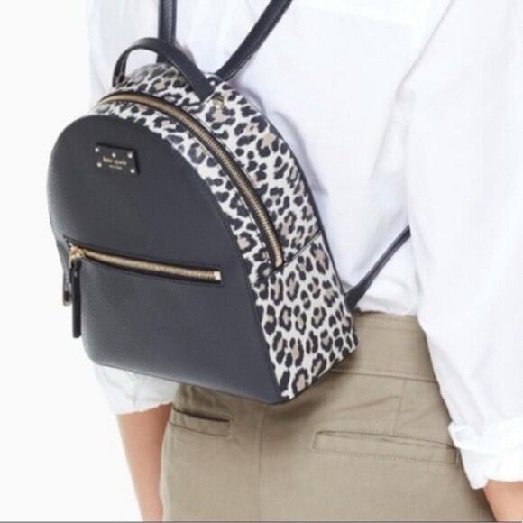 KATE SPADE NEW YORK Black Mini Backpack Women's Animal Print Leather Purse Bag - Picture 2 of 14